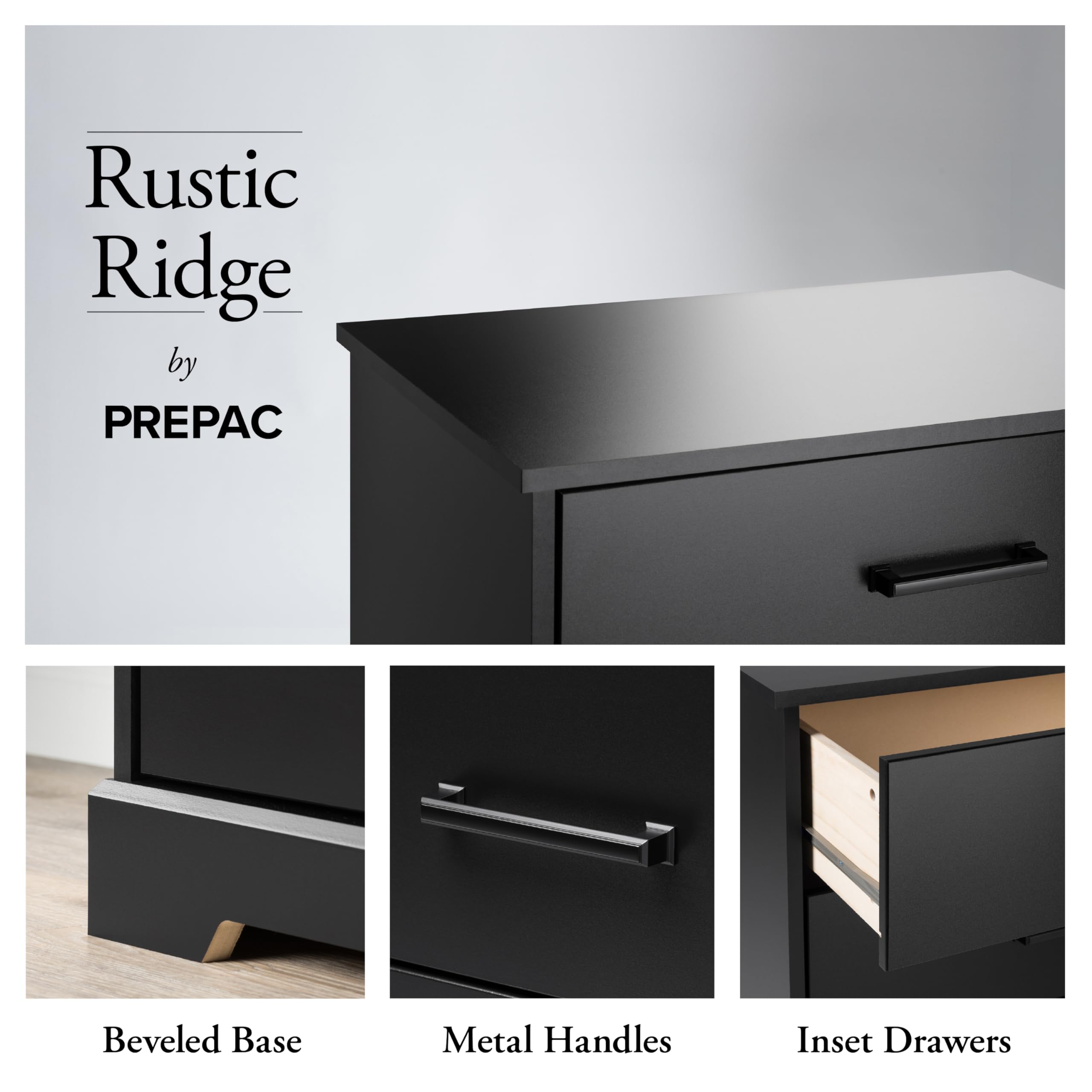 Prepac Rustic Ridge Farmhouse Nightstand Bedside Table, Black Nightstand For Bedroom, End Table With 3 Drawers 16.25'D X 27.5'W X 26.75'H